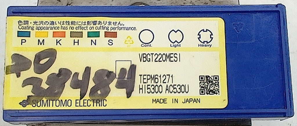 Lot 200-1196 Sumitomo VBGT220.5MESI AC530U Indexable turning Insert: